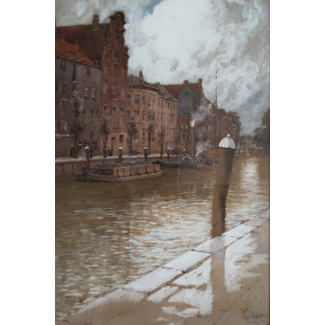 John Doddy Walker 1863-1925 Aquarel - Dordrecht - Kuipershaven vanaf de Wolwevershaven