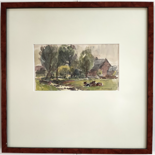 Mühlhaus Daniel (Daan) 1907-1981 - Aquarel-gemengde techniek - Boerderij met vaart en koeien