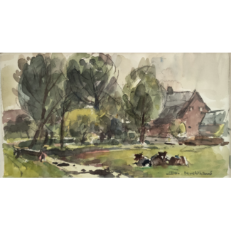 Mühlhaus Daniel (Daan) 1907-1981 Aquarel-gemengde techniek - Boerderij met vaart en koeien