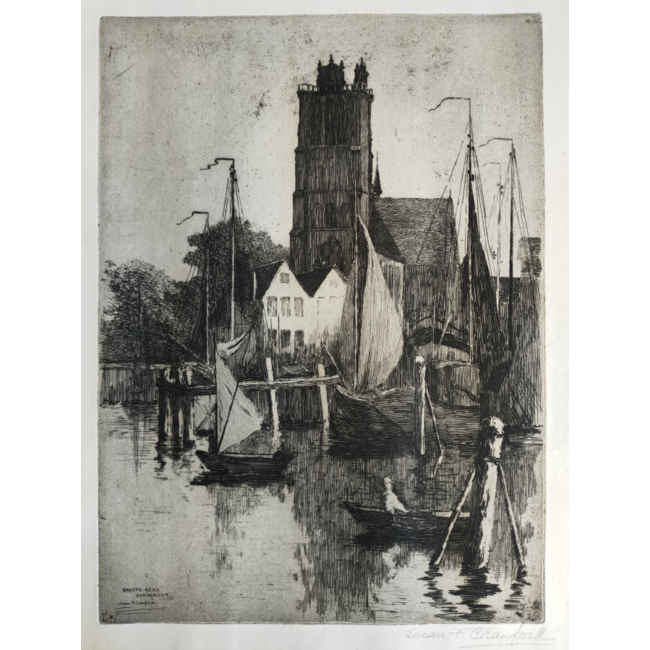 Crawford Susan Fletcher 1863-1918 - Ets - Dordrecht - Leuvehaven met Grote kerk