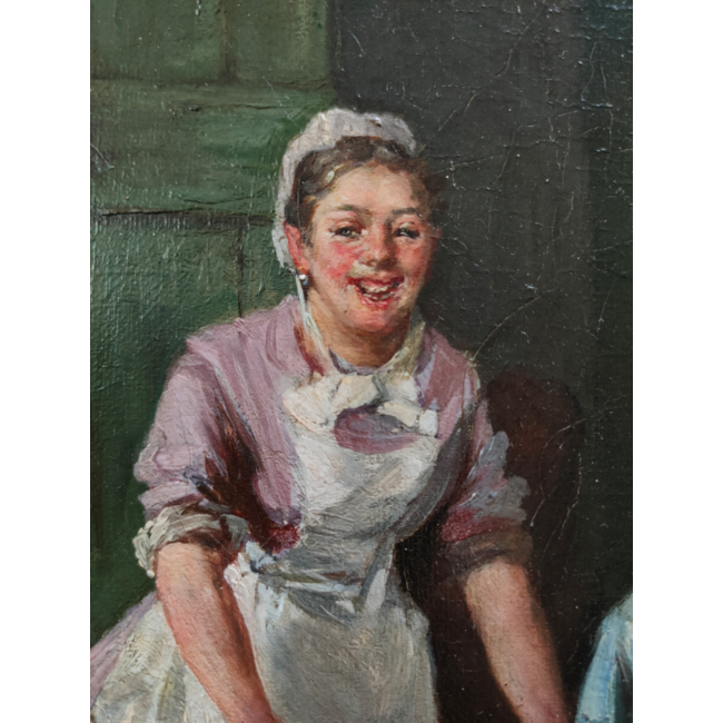 Larij Roland 1855-1932 - Olieverf - Interieur schoenmakerij met schoenmaker en bediende