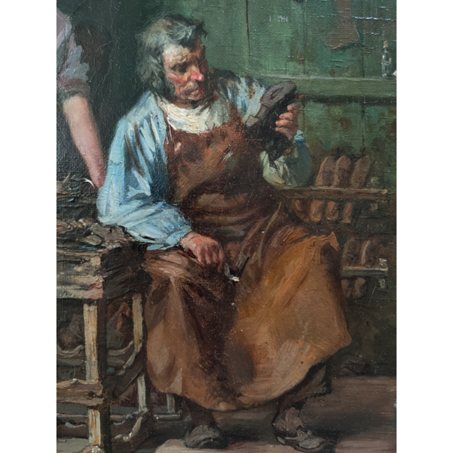 Larij Roland 1855-1932 - Olieverf - Interieur schoenmakerij met schoenmaker en bediende