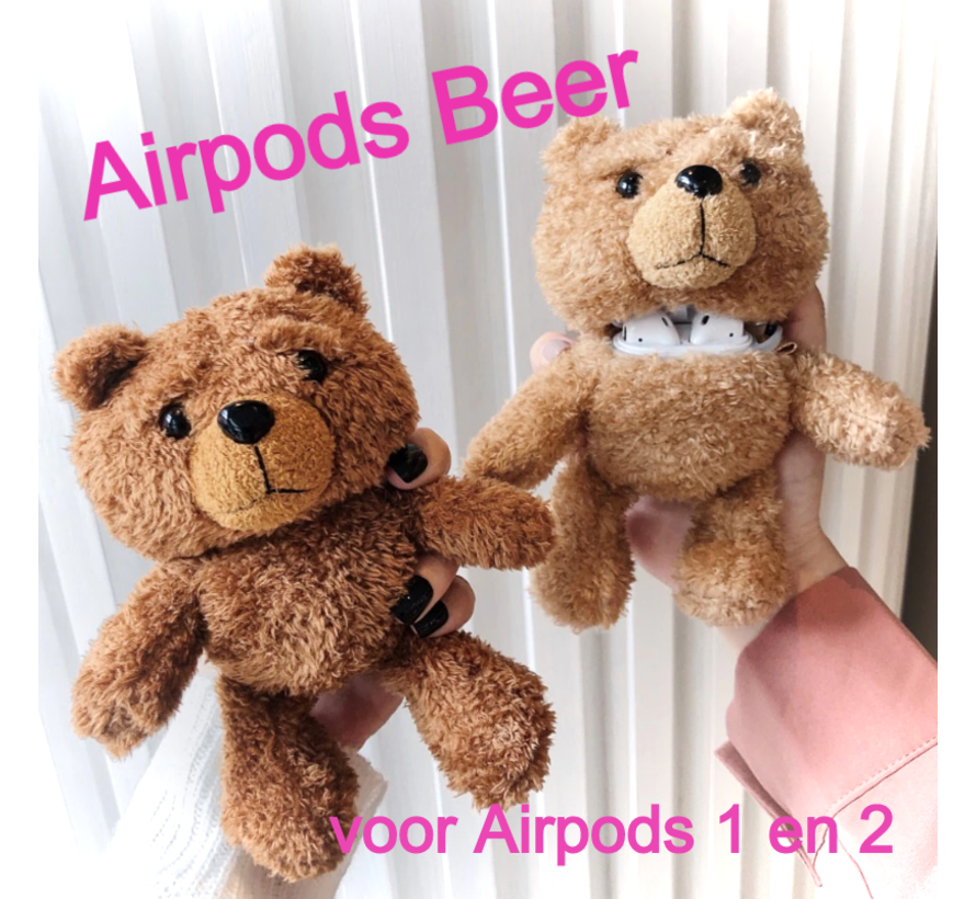 Airpods Case 1 en 2 Beer - Beschermhoes Air Pods - Draadloze Oordopjes Hoesje - Earphone Accessoire - Mode Pluche - Donkerbruin