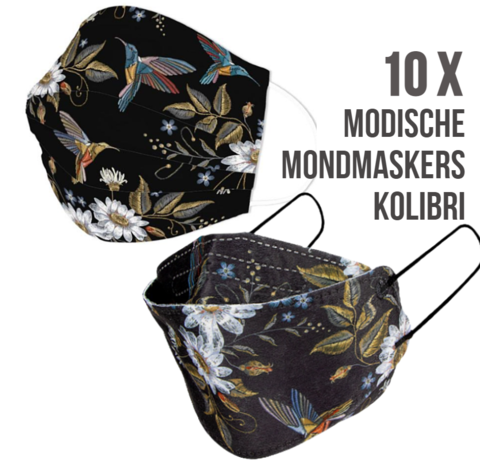 Allernieuwste.nl® Allernieuwste 10 st Unieke Modische Mondkapjes - Fashion Mode Mondmasker Niet-Medisch - 10 Stuks Zwart Kolibrie