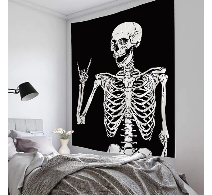 Vrolijk Skelet Urban Loft Wandkleed Groot Wandtapijt Wanddecoratie Minimalisme Muurkleed Tapestry - Zwart Wit - 150 x 100 cm