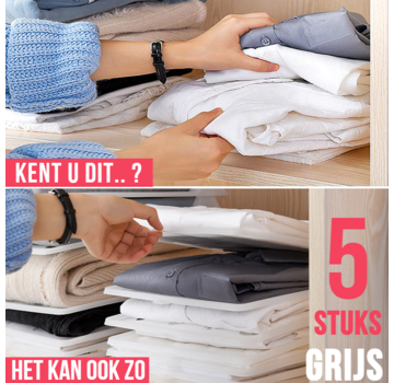 Allernieuwste.nl® Allernieuwste Set 5 STUKS T-shirt Kleding Opbergsysteem GRIJS Kast Organizer - Ruimtebesparing Kledingkast Opberger - 32 x 26 xm - SET 5x kleur: GRIJS