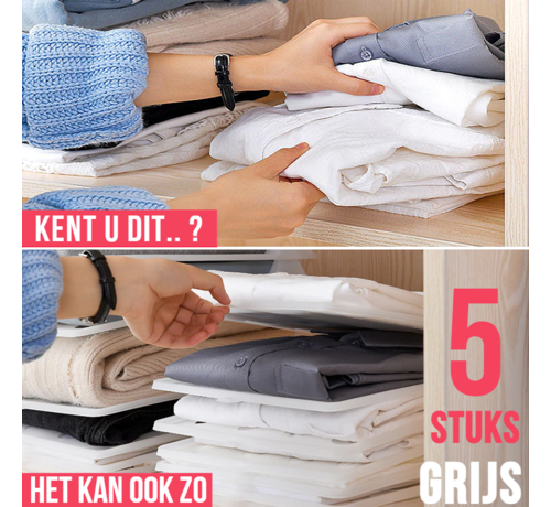 Allernieuwste.nl® Allernieuwste Set 5 STUKS T-shirt Kleding Opbergsysteem GRIJS Kast Organizer - Ruimtebesparing Kledingkast Opberger - 32 x 26 xm - SET 5x kleur: GRIJS