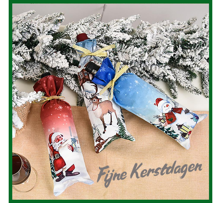 Allernieuwste® SET van 3 STUKS Wijn Fles Hoes Zak KERST van Stof - Kerstcadeau Wijnfles Verpakking - Luxe Wijn Geschenkzak Wijnzak Wijnfleshoes Kerstdagen - Wijn Kado Kerstmis - SET 3 STUKS