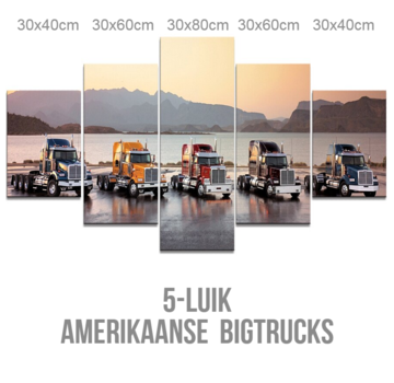 Allernieuwste.nl® Canvas Schilderij 5-luik Amerikaanse Trucks - USA Bigtrucks - Poster - 5-luik 80 x 150 cm - Kleur