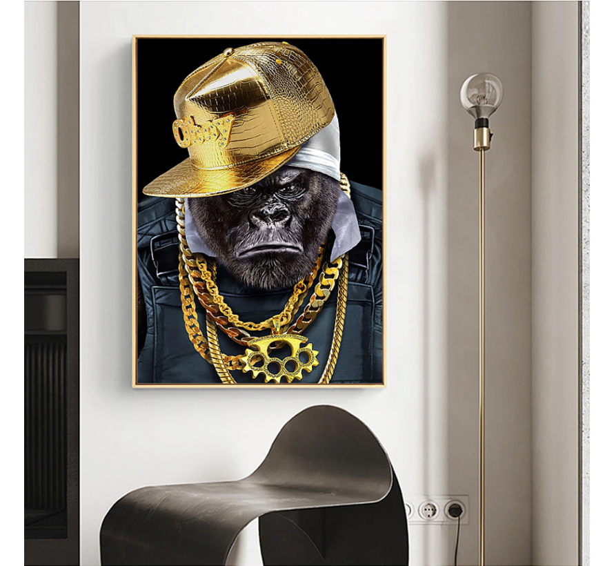 Allernieuwste.nl® Canvas Schilderij Hip Hop Gouden Aap GangsterArt - Moderne Grafitti Rapper - Woonkamer - Poster - 60 x 80 cm - Kleur