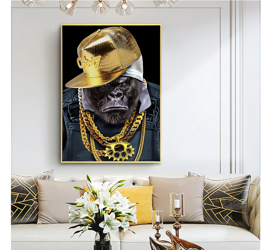 Allernieuwste.nl® Canvas Schilderij Hip Hop Gouden Aap GangsterArt - Moderne Grafitti Rapper - Woonkamer - Poster - 60 x 80 cm - Kleur