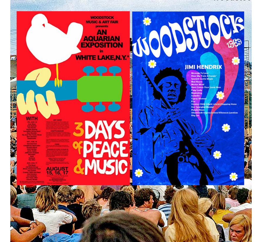 Allernieuwste.nl® SET 2x Canvas Schilderij WOODSTOCK 1969 Muziek Festival- Memorabilia - kleur - 2x 50x70 cm