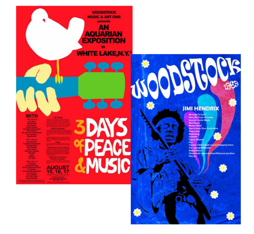 Allernieuwste.nl® SET 2x Canvas Schilderij WOODSTOCK 1969 Muziek Festival- Memorabilia - kleur - 2x 50x70 cm