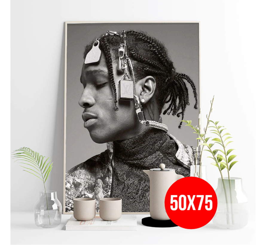 Allernieuwste.nl® Canvas Schilderij Hiphop Rapper A$AP Rocky 1 - Zwart Wit - ASAP Rocky Artiest -50 x 75 cm