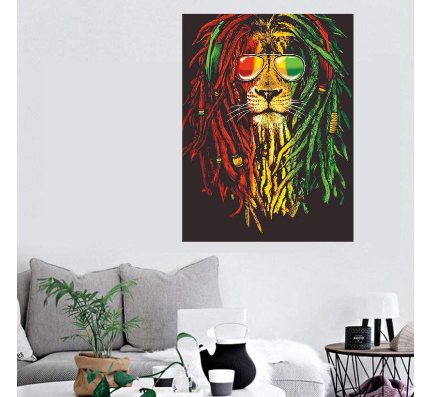 Allernieuwste.nl® Canvas Schilderij Grappige Rasta Reggae Leeuw  - Kleur  - Poster - Print - 50 x 75 cm