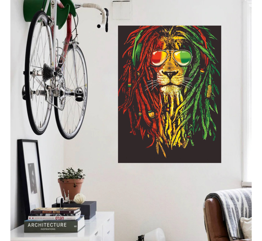 Allernieuwste.nl® Canvas Schilderij Grappige Rasta Reggae Leeuw  - Kleur  - Poster - Print - 50 x 75 cm