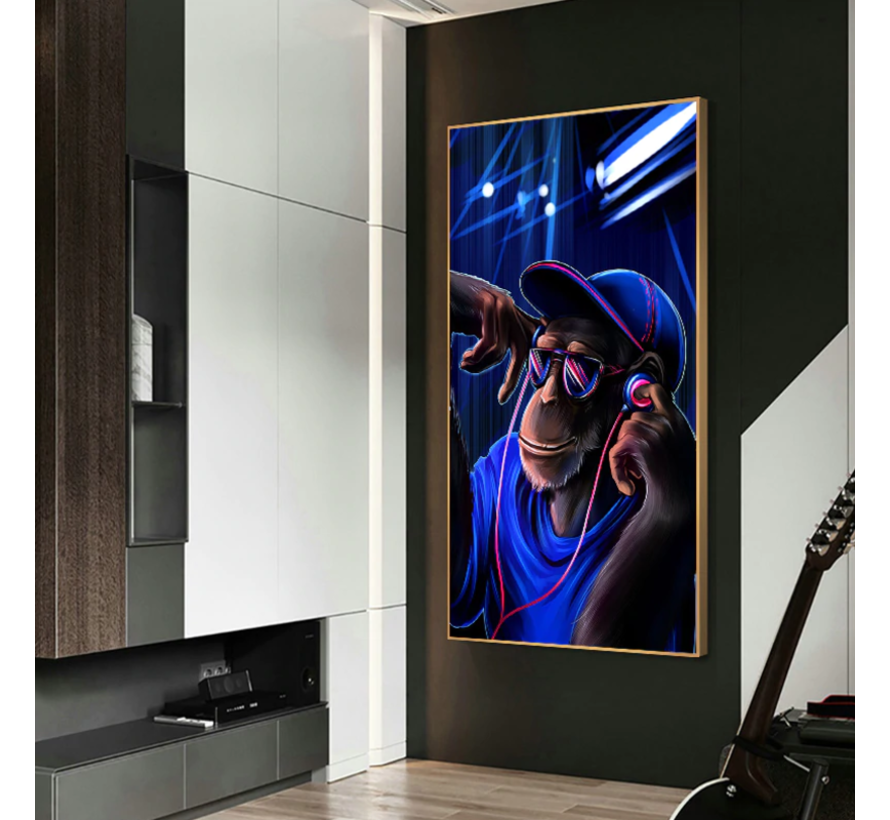 Allernieuwste.nl® Canvas Schilderij Rapper Aap Music Crazy - Modern Realistisch - Poster - Dieren - 50 x 90 cm - Kleur