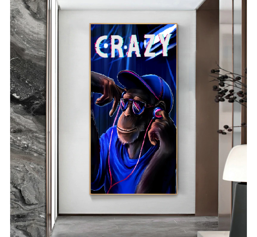 Allernieuwste.nl® Canvas Schilderij Rapper Aap Music Crazy - Modern Realistisch - Poster - Dieren - 50 x 90 cm - Kleur