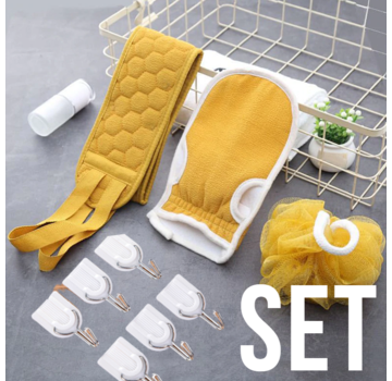 Allernieuwste.nl® Allernieuwste SET Oker Geel 4-delig Luxe Scrub Bad Douche Pakket Massage Spa Rug Washandje Bol Huidverzorging Badkamer - Geschenkset 4 delig GEEL