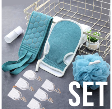 Allernieuwste.nl® Allernieuwste SET Blauw 4-delig Luxe Scrub Bad Douche Pakket Massage Spa Rug Washandje Bol Huidverzorging Badkamer - Geschenkset 4 delig BLAUW