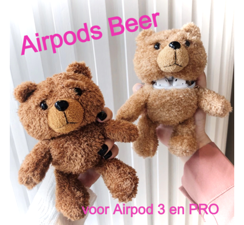 Allernieuwste.nl® Airpods Case 3 en Pro Beer - Beschermhoes Air Pods - Draadloze Oordopjes Hoesje - Earphone Accessoire - Mode Pluche - Lichtbruin