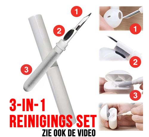 Allernieuwste.nl® Allernieuwste Apple Airpods Schoonmaakset 3-in-1 Pen - Air Pod Oordopjes Reinigen Schoonmaken - Airpod Reinigingset - Oortjes Ontsmetten - Geschenk Idee Cadeau - Sinterklaas kado - Wit