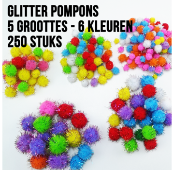 Allernieuwste.nl® Allernieuwste 250 STUKS Glitter MiniPompons MIX 6-10-15-20-30 mm - Mix Kleur Knutsel Glitters Pompons - DHZ Handwerken Knutselen Kattenspeelgoed - 250 stuks Mix