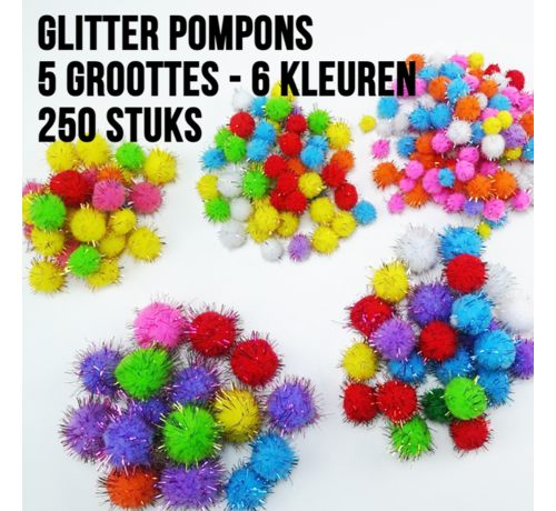 Allernieuwste.nl® Allernieuwste 250 STUKS Glitter MiniPompons MIX 6-10-15-20-30 mm - Mix Kleur Knutsel Glitters Pompons - DHZ Handwerken Knutselen Kattenspeelgoed - 250 stuks Mix