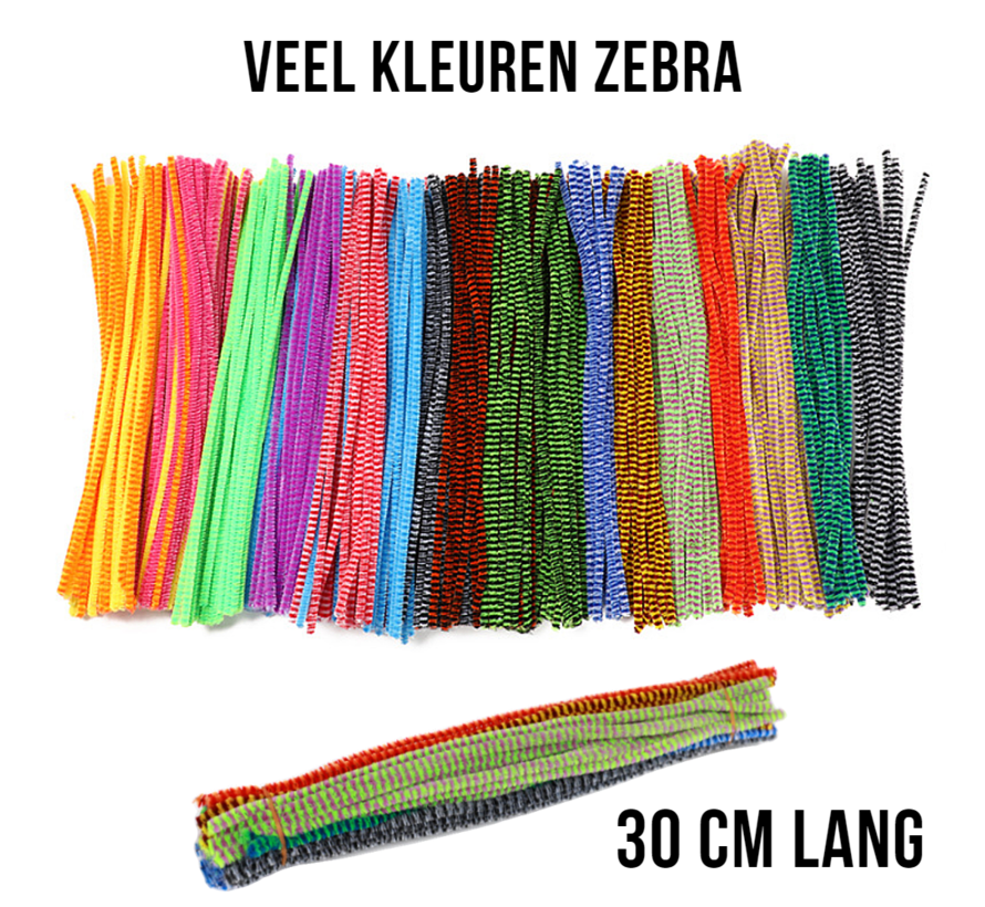 Allernieuwste 200 Stuks ZEBRA Strepen Chenilledraad Pijpenragers Multicolor - Chenille Draad Pijpragers met streepjes - 30 cm - 200 Stuks