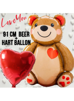 Allernieuwste.nl® Allernieuwste Liefdes Set 91 cm Beer + Hart Ballon Opblaasbaar - 2 Folie Ballonnen XXL - Valentijnsdag cadeau - Valentijn - Verliefde Beer **