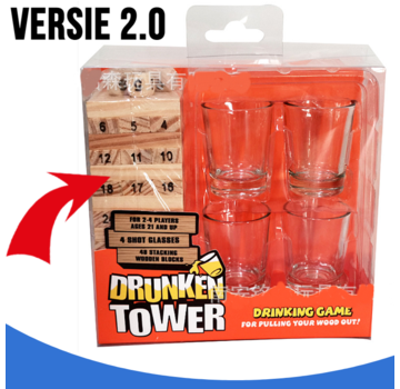 Allernieuwste.nl® Allernieuwste SET 3-in-1 Drankspel Stapeltoren Jenga Drunken Tower Vallende Toren - NUMMER Tipsy Tower Gezelschapsspel incl 4 shotglaasjes - Drankspel 2.0 - Hout