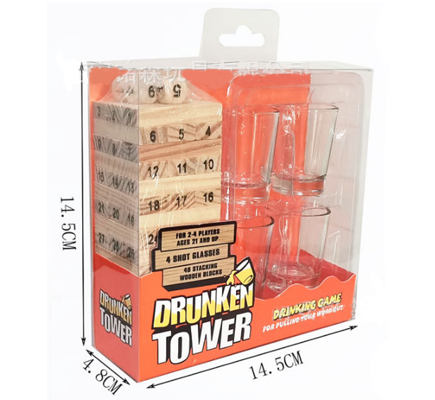 Allernieuwste SET 3-in-1 Drankspel Stapeltoren Jenga Drunken Tower Vallende Toren - NUMMER Tipsy Tower Gezelschapsspel incl 4 shotglaasjes - Drankspel 2.0 - Hout