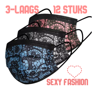 Allernieuwste.nl® Allernieuwste 12 st SEXY Mondkapje - 3 kleuren Fashion Mode Mondmasker Niet-Medisch - 3x 4 Stuks Rose Blauw Zwart Kant