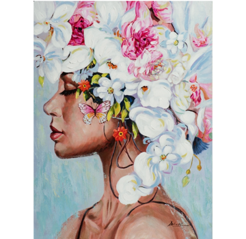 Allernieuwste.nl® Canvas Schilderij Kleurrijke Vrouw met Bloemen en Vlinder - Modern - Kleur - 60 x 80 cm