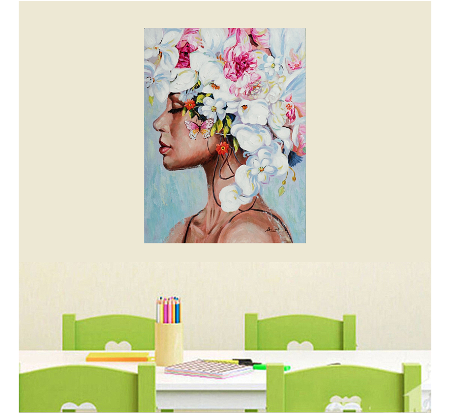 Allernieuwste.nl® Canvas Schilderij Kleurrijke Vrouw met Bloemen en Vlinder - Modern - Kleur - 60 x 80 cm