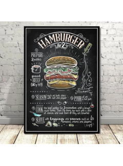 Allernieuwste.nl® Allernieuwste Canvas Schilderij Retro Hamburger Recept - Vintage Restaurant - Kleur - 50 x 70 cm