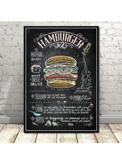 Allernieuwste.nl® Canvas Schilderij Retro Hamburger Recept - Vintage Restaurant - Kleur - 50 x 70 cm