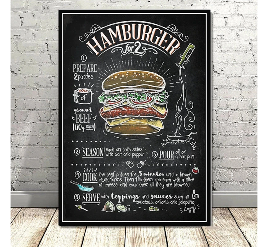 Allernieuwste.nl® Canvas Schilderij Retro Hamburger Recept - Vintage Restaurant - Kleur - 50 x 70 cm