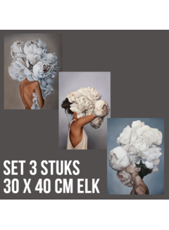 Allernieuwste.nl® SET van 3 STUKS Canvas Sexy Bloemen Vrouwen - Modern Figuratief - Kleur - Set 3x 30x40 cm