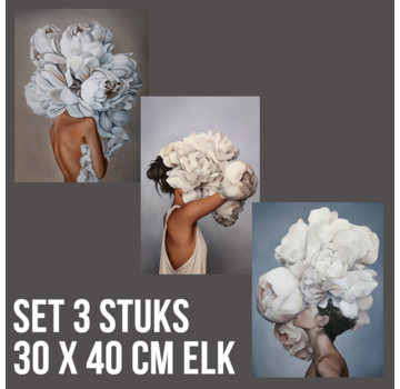 Allernieuwste.nl® SET van 3 STUKS Canvas Sexy Bloemen Vrouwen - Modern Figuratief - Kleur - Set 3x 30x40 cm