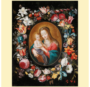 Allernieuwste.nl® Canvas Schilderij Madonna met Kind en Bloemenkrans - Religie - Kleur - 50 x 70 cm