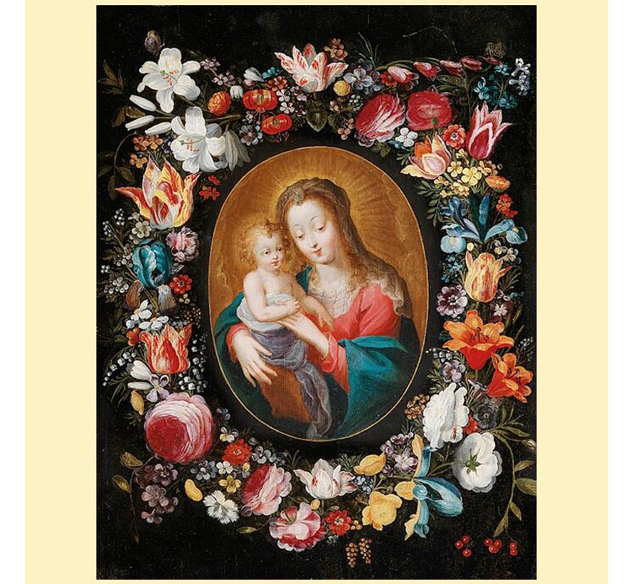 Allernieuwste.nl® Canvas Schilderij Madonna met Kind en Bloemenkrans - Religie - Kleur - 50 x 70 cm