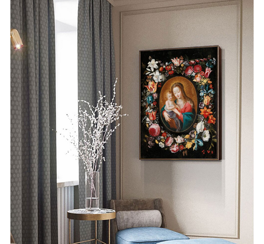 Allernieuwste.nl® Canvas Schilderij Madonna met Kind en Bloemenkrans - Religie - Kleur - 50 x 70 cm