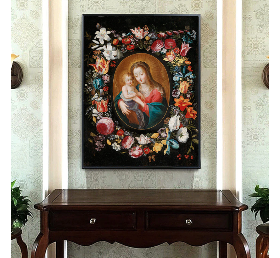 Allernieuwste.nl® Canvas Schilderij Madonna met Kind en Bloemenkrans - Religie - Kleur - 50 x 70 cm