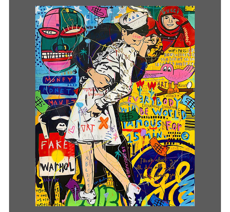 Allernieuwste.nl® Canvas Schilderij 1945 Beroemde Bevrijdingskus Times Square - Modern Graffiti StreetArt - Iconisch - 40 x 60 cm - Kleur
