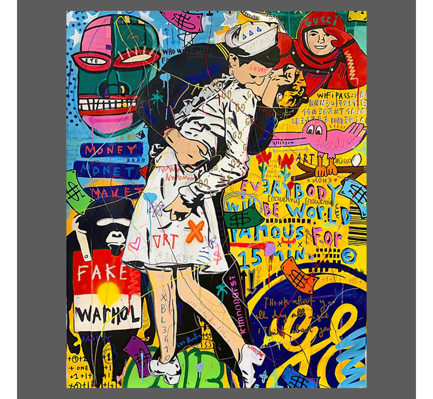 Allernieuwste.nl® Canvas Schilderij 1945 Beroemde Bevrijdingskus Times Square - Modern Graffiti StreetArt - Iconisch - 75 x 100 cm - Kleur