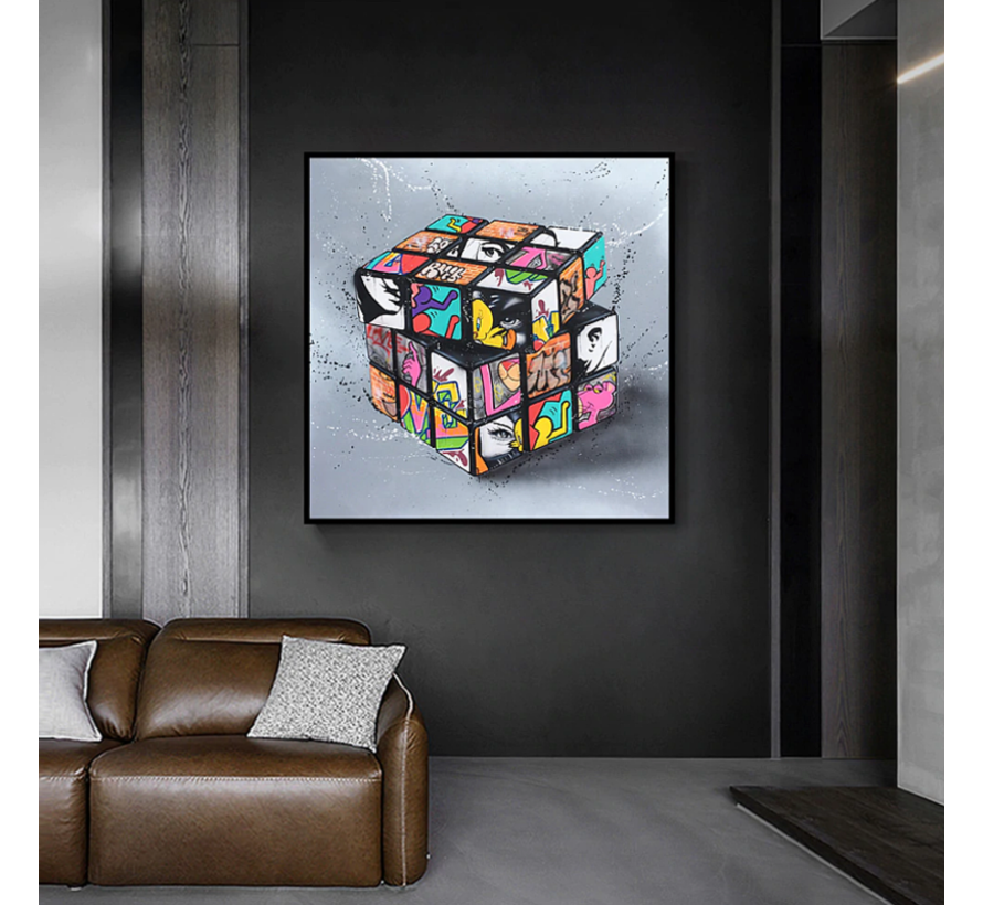 Allernieuwste.nl® Canvas Schilderij Graffiti Rubiks Kubus - Puzzel Spel - Grafitti - Woonkamer - 60 x 60 cm - Kleur