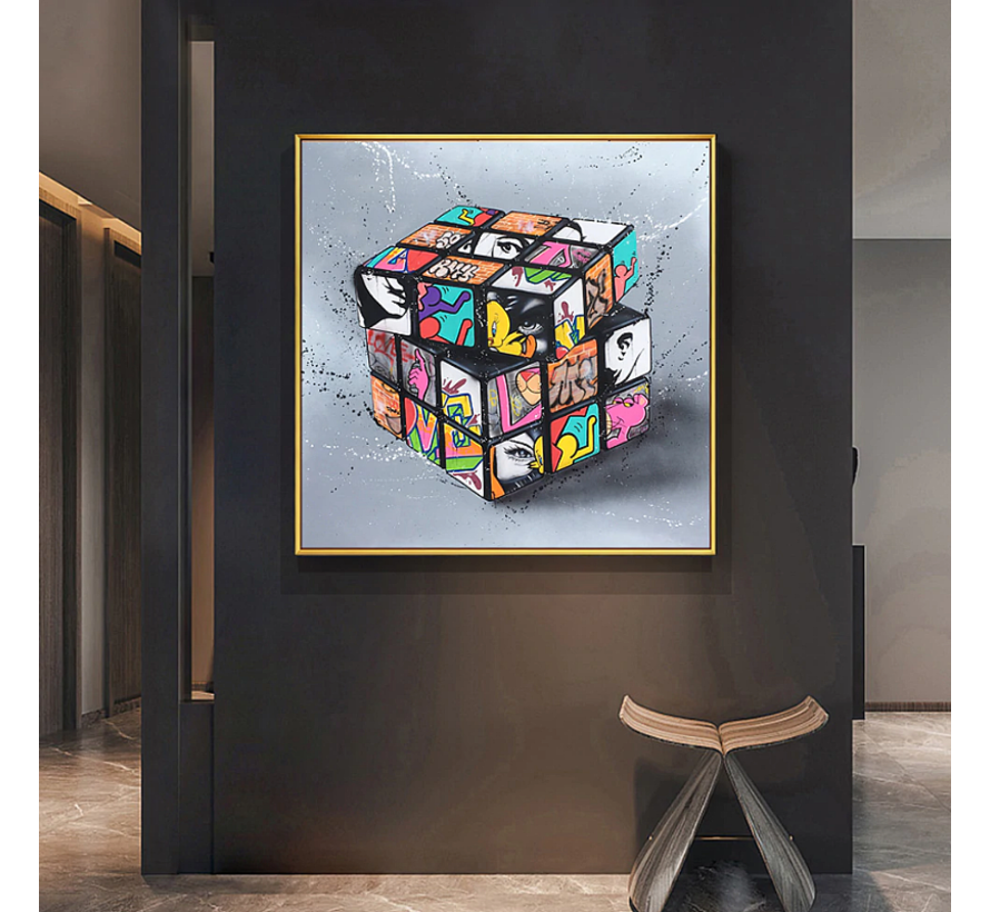 Allernieuwste.nl® Canvas Schilderij Graffiti Rubiks Kubus - Puzzel Spel - Grafitti - Woonkamer - 60 x 60 cm - Kleur