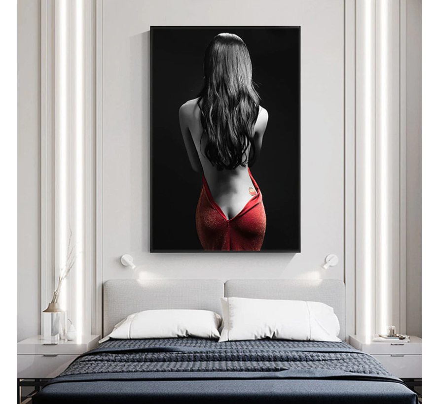 Allernieuwste.nl® Canvas Schilderij Mysterieuze Vrouw in Rode Jurk - Slaapkamer - Poster - 60 x 90 cm - Kleur