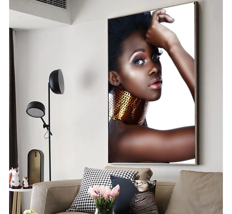 Allernieuwste.nl® Canvas Schilderij Sexy Vrouw met Sieraad - Poster - Kunst - Goud - 60 x 90 cm - Kleur